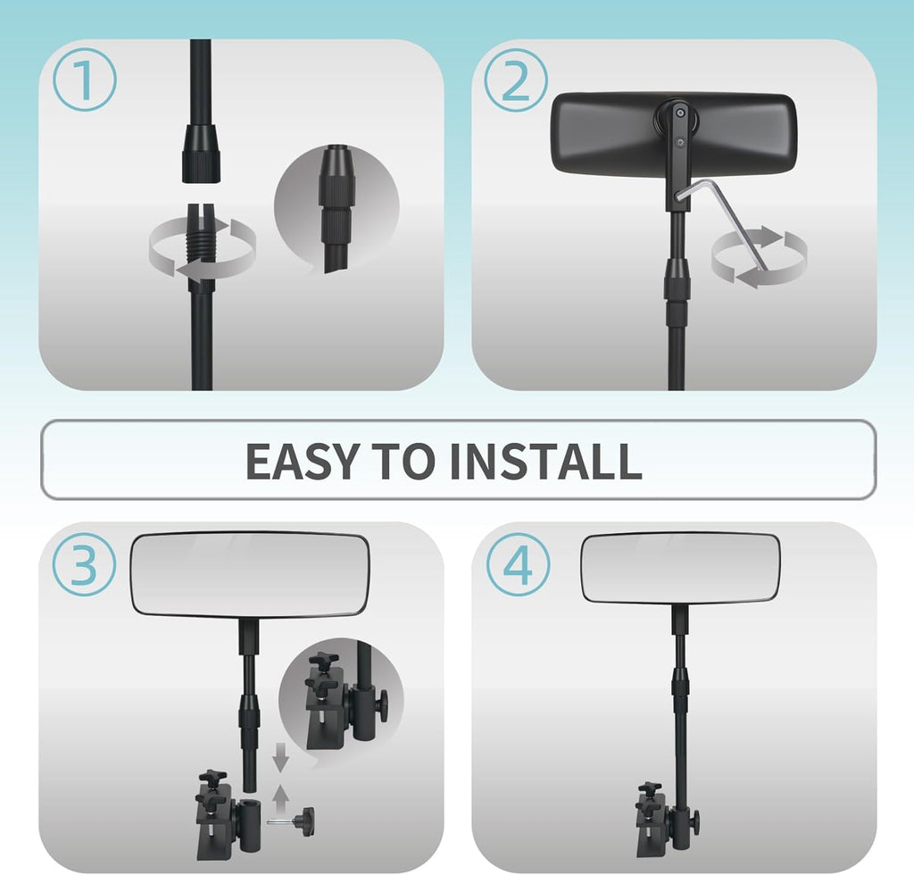 Marine Boat Rearview Mirror, 360° Adjustable Boat Mirror with Telescoping Pole, Heavy Duty Clamp, Compatible with Ski Boats, Water Sports, and Marine Use, Extra Large 3.7" x 11" Wide Angle