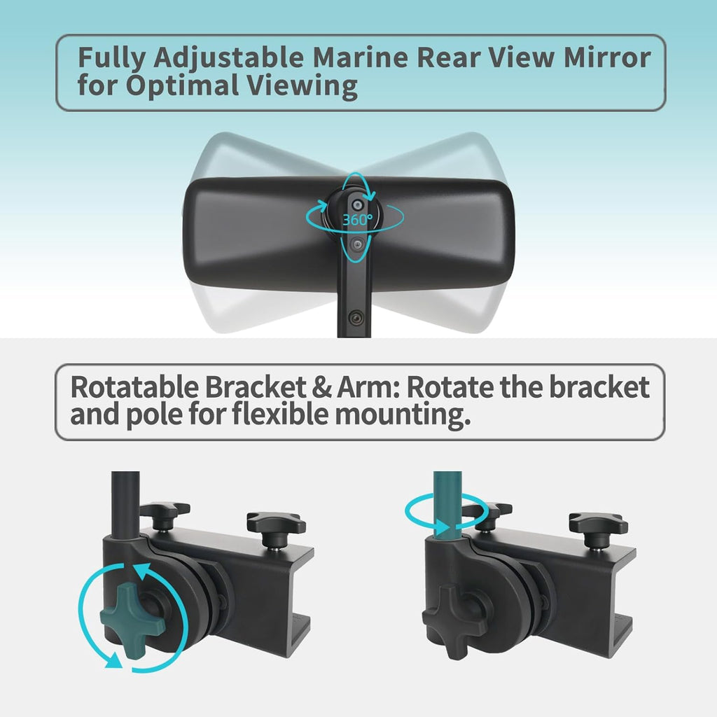 Marine Boat Rearview Mirror, 360° Adjustable Boat Mirror with Telescoping Pole, Heavy Duty Clamp, Compatible with Ski Boats, Water Sports, and Marine Use, Extra Large 3.7" x 11" Wide Angle