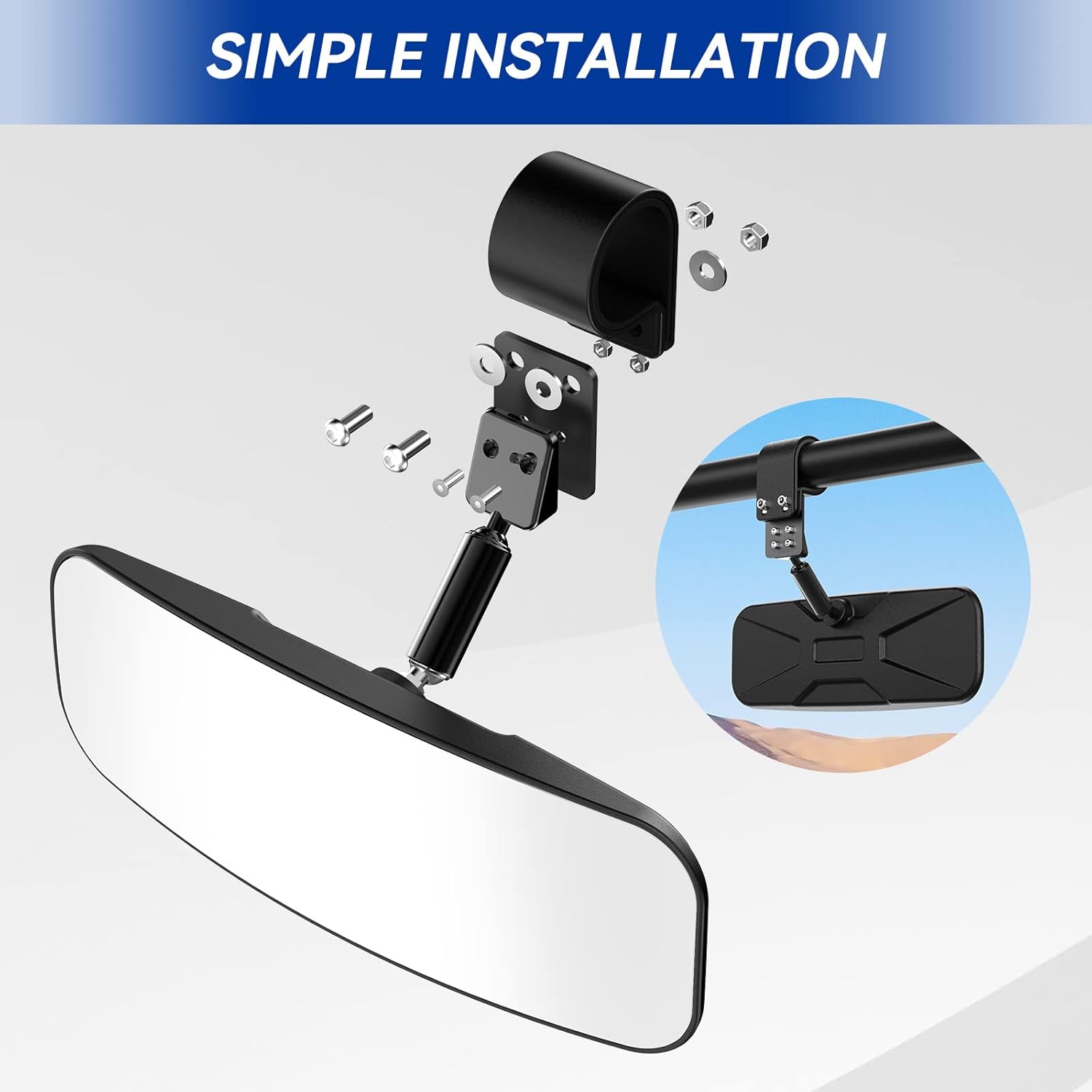 UTV Rear View Mirror, Center Convex Rearview Mirror for 1.75”-2” Roll Bar Cage Compatible with Polaris RZR Turbo, Kawasaki Mule, Teryx, Honda Pioneer, Can am Maverick X3