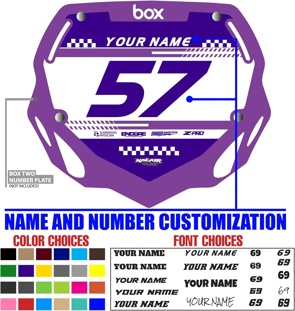 Custom BMX Box Two Number Plate Decals - Personalize Your Racing Graphics with Your Name & Number, Multicolored Outstanding Designs, Fits Box Two Plates, Junior and Senior Sizes.