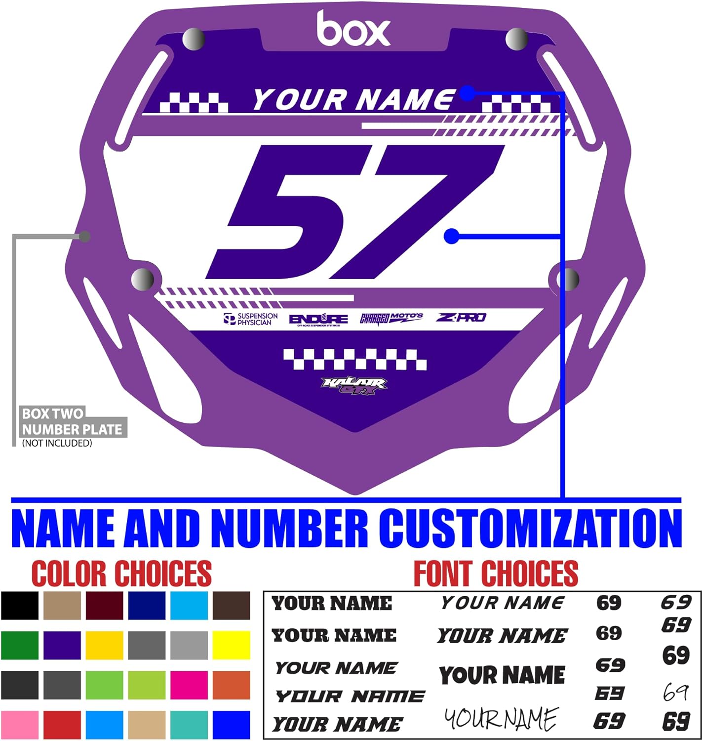 Custom BMX Box Two Number Plate Decals - Personalize Your Racing Graphics with Your Name & Number, Multicolored Outstanding Designs, Fits Box Two Plates, Junior and Senior Sizes.