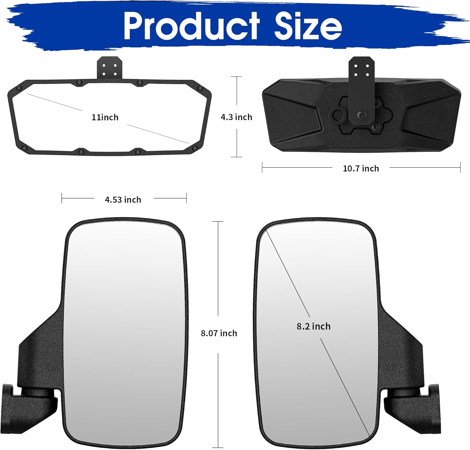 UTV Mirrors Set for 2015-2022 Polaris Ranger - Center Rear and Side Mirrors Compatible with Ranger 500, 570, 900, and 1000 XP Crew with Pro-Fit profiled Tube - Replace #2879969
