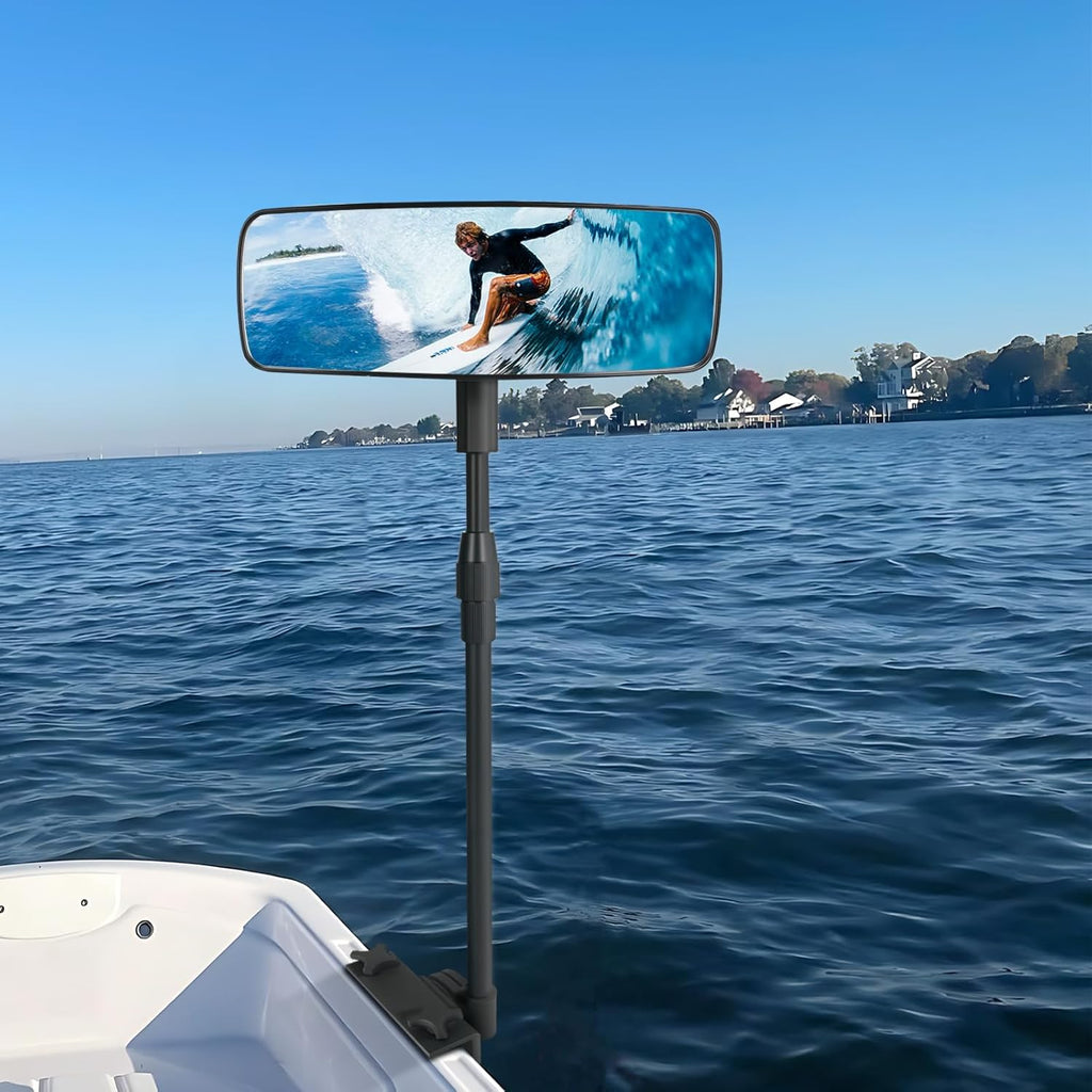 Marine Boat Rearview Mirror, 360° Adjustable Boat Mirror with Telescoping Pole, Heavy Duty Clamp, Compatible with Ski Boats, Water Sports, and Marine Use, Extra Large 3.7" x 11" Wide Angle