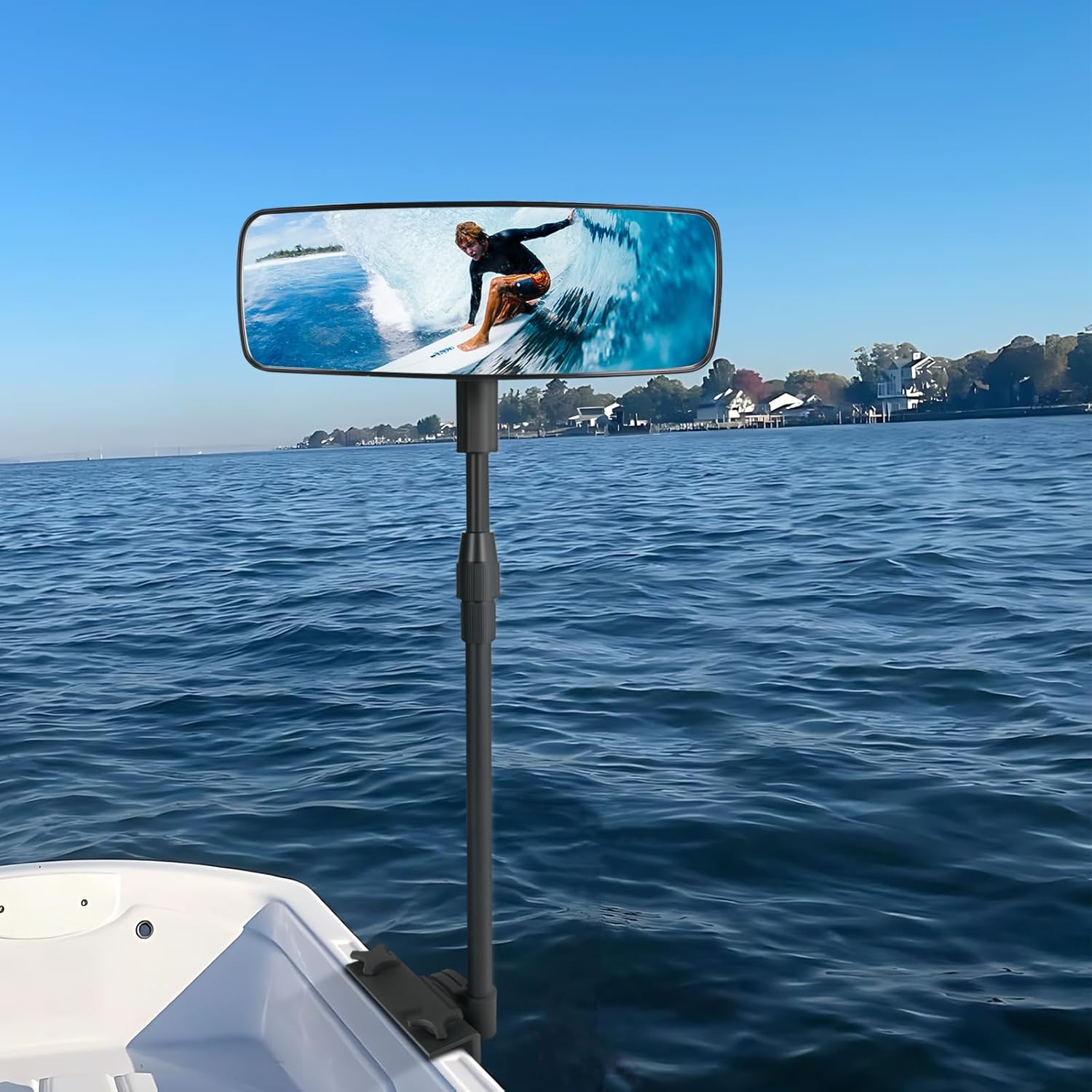 Marine Boat Rearview Mirror, 360° Adjustable Boat Mirror with Telescoping Pole, Heavy Duty Clamp, Compatible with Ski Boats, Water Sports, and Marine Use, Extra Large 3.7" x 11" Wide Angle