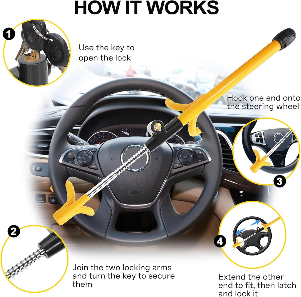 Steering Wheel Lock Anti-Theft Device – Heavy Duty Double Hook, Adjustable Clamp Fits 5”-15” Wheels, Universal Car Security Lock with 3 Unique Keys – Yellow