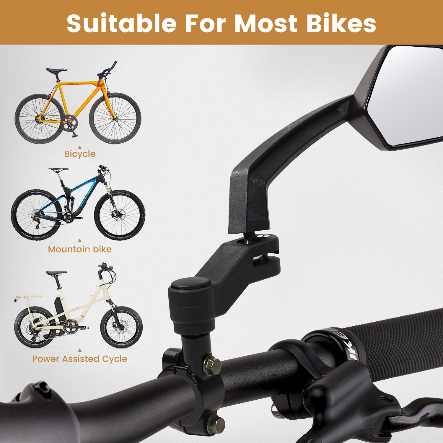 Handlebar Bike Mirror, HD Convex Glass Rear View Mirror with Shatterproof Film, 360° Adjustable Bicycle Mirror for MTB & E-Bike, Fits 21-26mm Handlebars, Left Side Only(Chequer)