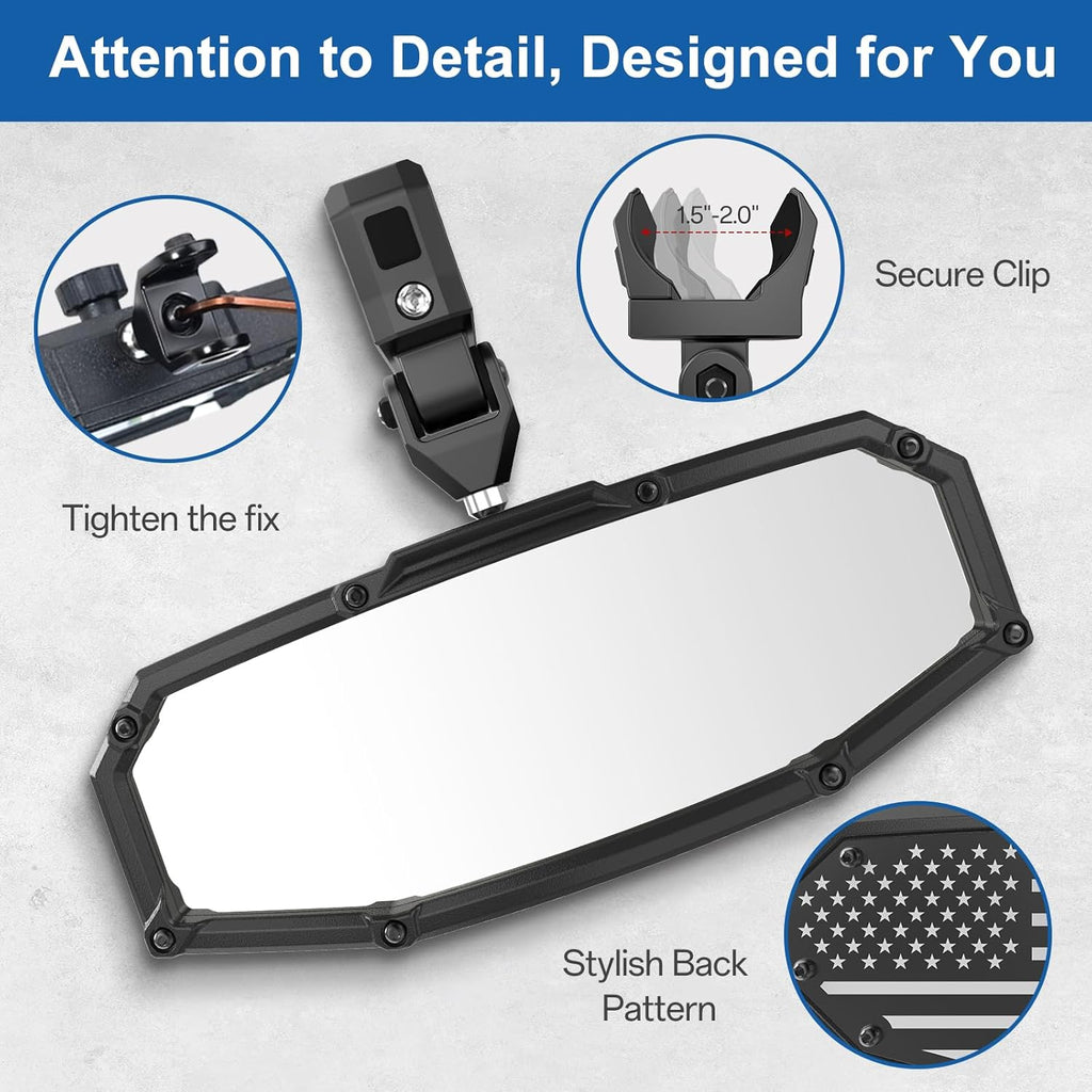 2025 New Flag UTV Rear View Mirror, 360° Adjustable, Available for1.5-2.0” Round Roll Cages, Compatible with Polaris RZR, Pioneer, Kawasaki Mule, Can Am X3, High Definition Anti-Vibration Design