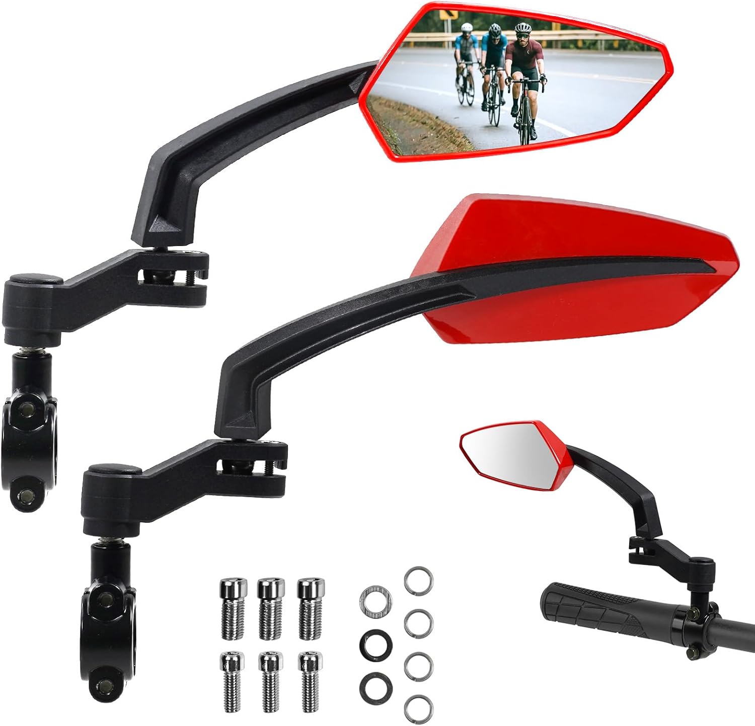 Handlebar Bike Mirror, HD Convex Glass Rear View Mirror with Shatterproof Film, 360° Adjustable Bicycle Mirror for MTB & E-Bike, Fits 21-26mm Handlebars, Left Side Only(Red)