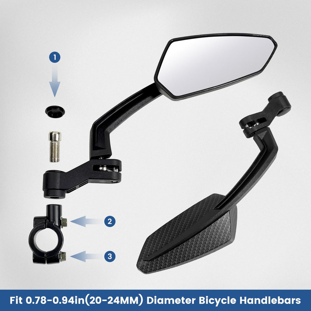 Handlebar Bike Mirror, HD Convex Glass Rear View Mirror with Shatterproof Film, 360° Adjustable Bicycle Mirror for MTB & E-Bike, Fits 21-26mm Handlebars, Left Side Only(Chequer)