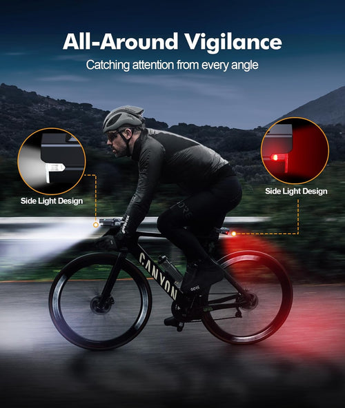 3+6 Modes Bright Bike Lights for Night Riding with Side Light, Rechargeable & IP65 Waterproof Bicycle Light, Bike Headlight and Tail Light Set for Road/Mountain Bike/Scooter Accessories