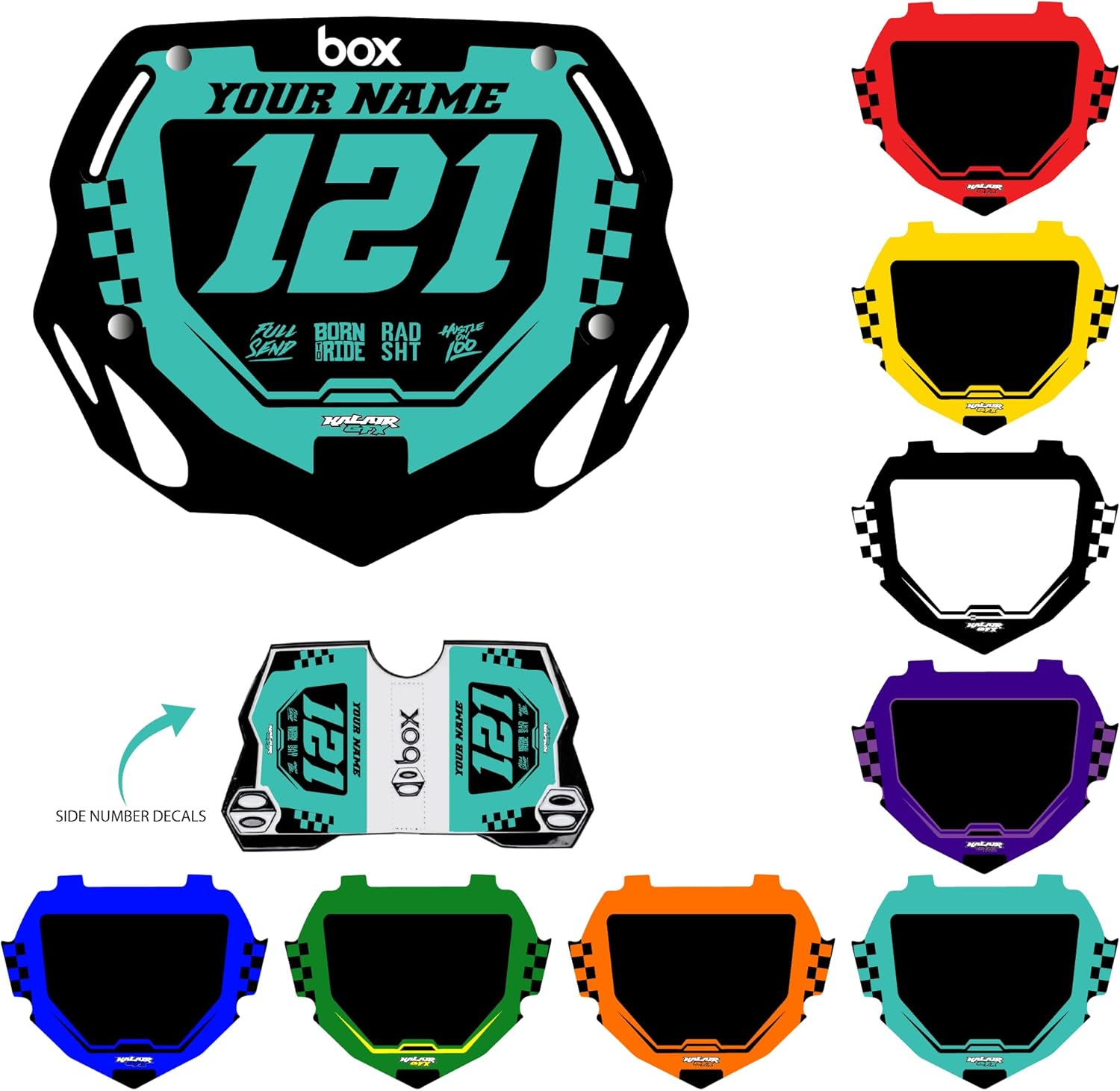 Custom BMX Box Two Number Plate Decals - Personalize Your Racing Graphics with Your Name & Number, Multicolored Outstanding Designs, Fits Box Two Plates, Junior and Senior Sizes.