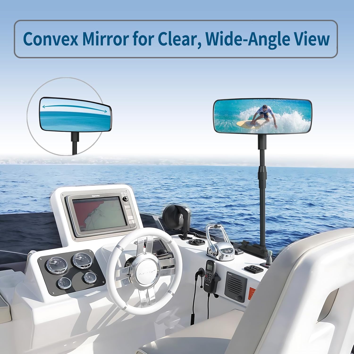 Marine Boat Rearview Mirror, 360° Adjustable Boat Mirror with Telescoping Pole, Heavy Duty Clamp, Compatible with Ski Boats, Water Sports, and Marine Use, Extra Large 3.7" x 11" Wide Angle