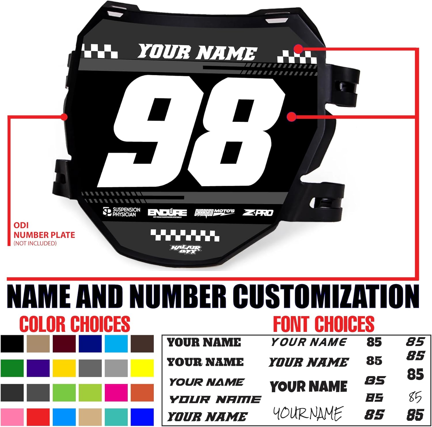 Custom ODI DH Electric Bike Number Plate Decal - Personalized Racing Graphics with Your Name & Number, Surron Multicolored Eye-catching Plate Design Decals.