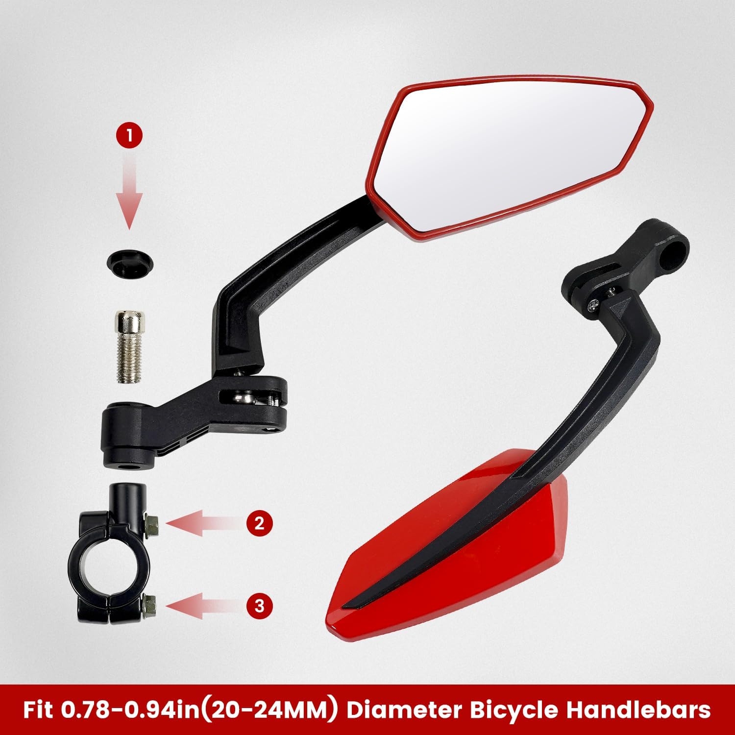 Handlebar Bike Mirror, HD Convex Glass Rear View Mirror with Shatterproof Film, 360° Adjustable Bicycle Mirror for MTB & E-Bike, Fits 21-26mm Handlebars, Left Side Only(Red)