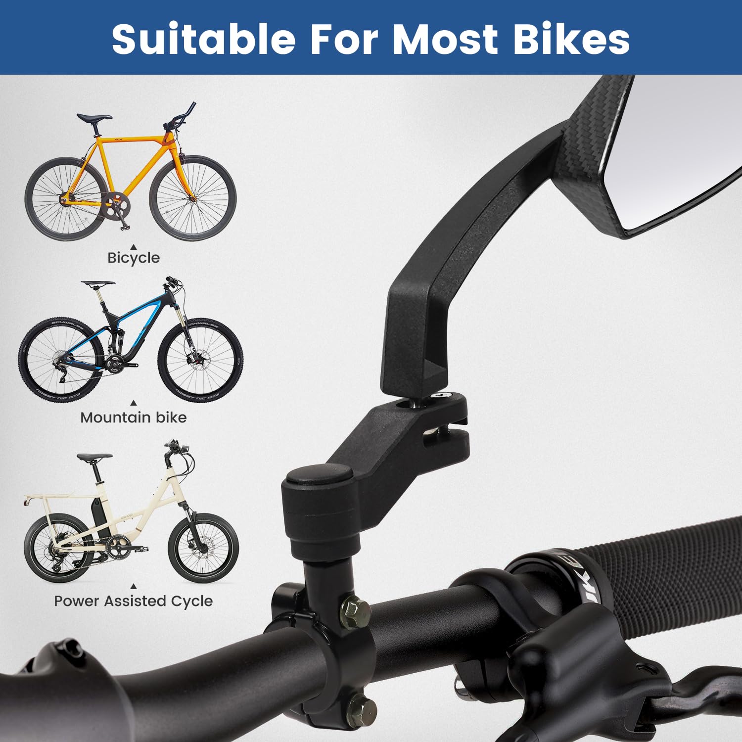 Handlebar Bike Mirror, HD Convex Glass Rear View Mirror with Shatterproof Film, 360° Adjustable Bicycle Mirror for MTB & E-Bike, Fits 21-26mm Handlebars, Left Side Only(Chequer)