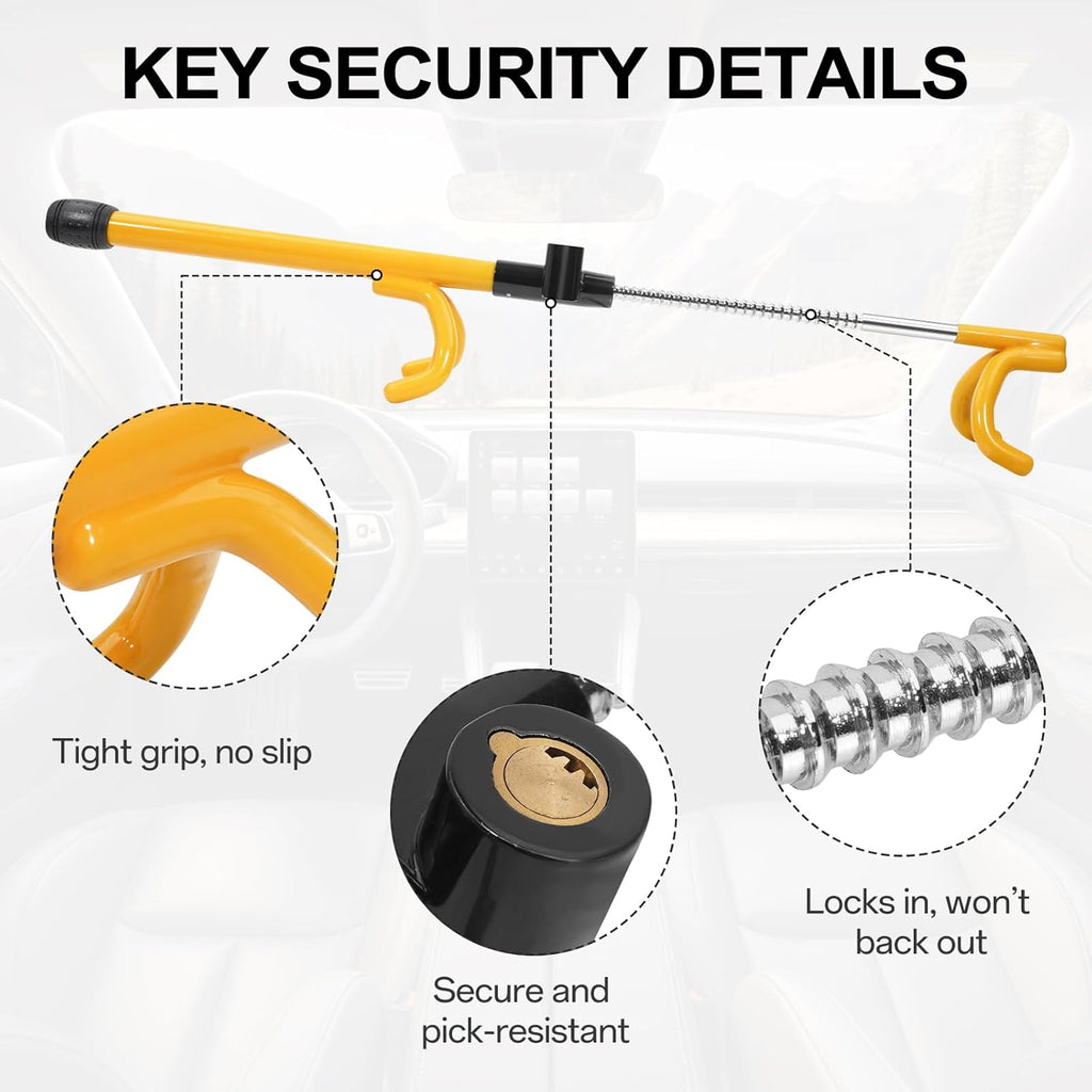 Steering Wheel Lock Anti-Theft Device – Heavy Duty Double Hook, Adjustable Clamp Fits 5”-15” Wheels, Universal Car Security Lock with 3 Unique Keys – Yellow