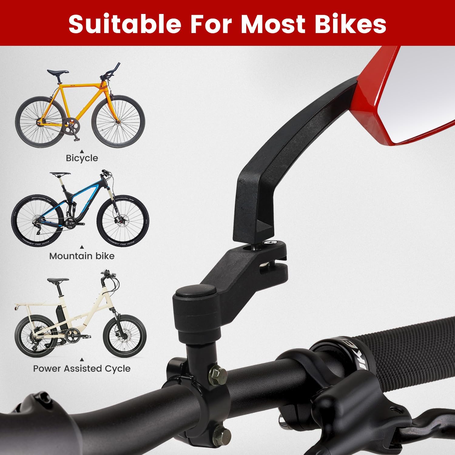 Handlebar Bike Mirror, HD Convex Glass Rear View Mirror with Shatterproof Film, 360° Adjustable Bicycle Mirror for MTB & E-Bike, Fits 21-26mm Handlebars, Left Side Only(Red)