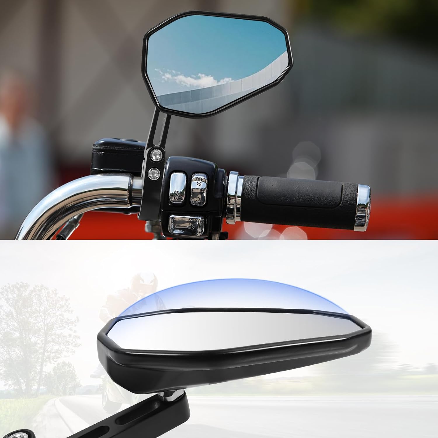 Motorcycle Handlebar Mirror Clamp Mount Rear View Side Mirrors CNC Aluminum Anti-Glare Wide Vision Compatible with Scooter Dirt Bike Cruiser ATV with Center Bar