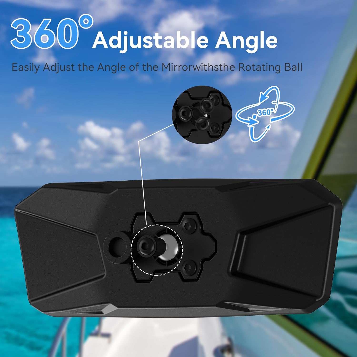 Universal 360° Adjustable Boat Mirror, Upgraded Metal Clamp, Wide-Angle Convex Marine Mirror for Pontoon & Ski Boats, Surfing & Water Sports, Easy Installation