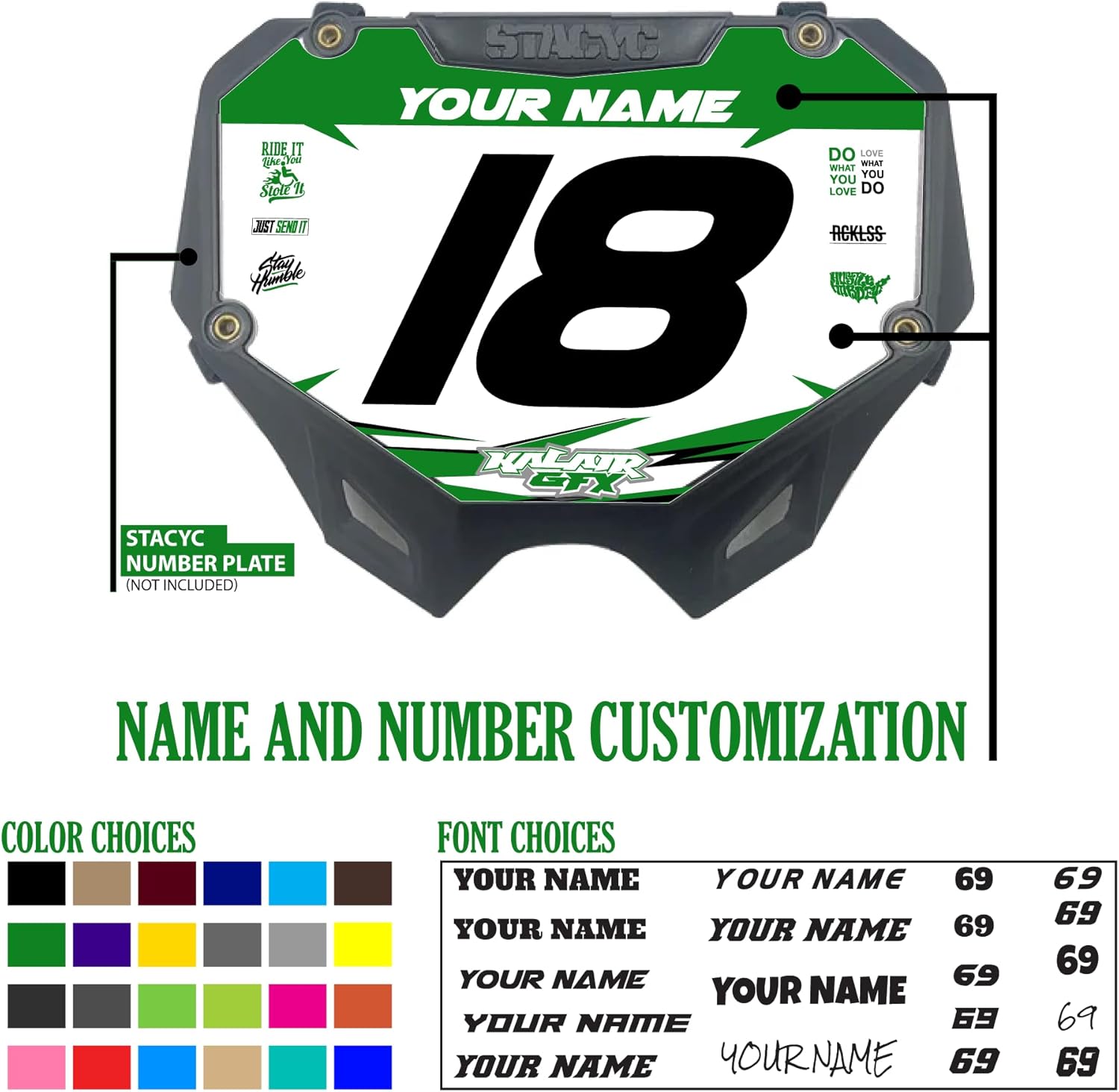 Custom STACYC Bike Number Plate Decal - Personalized Racing Graphics with Your Name & Number, Stacyc Fit Multicolored Eye-catching Plate Design Decals, Plastics NOT Included.
