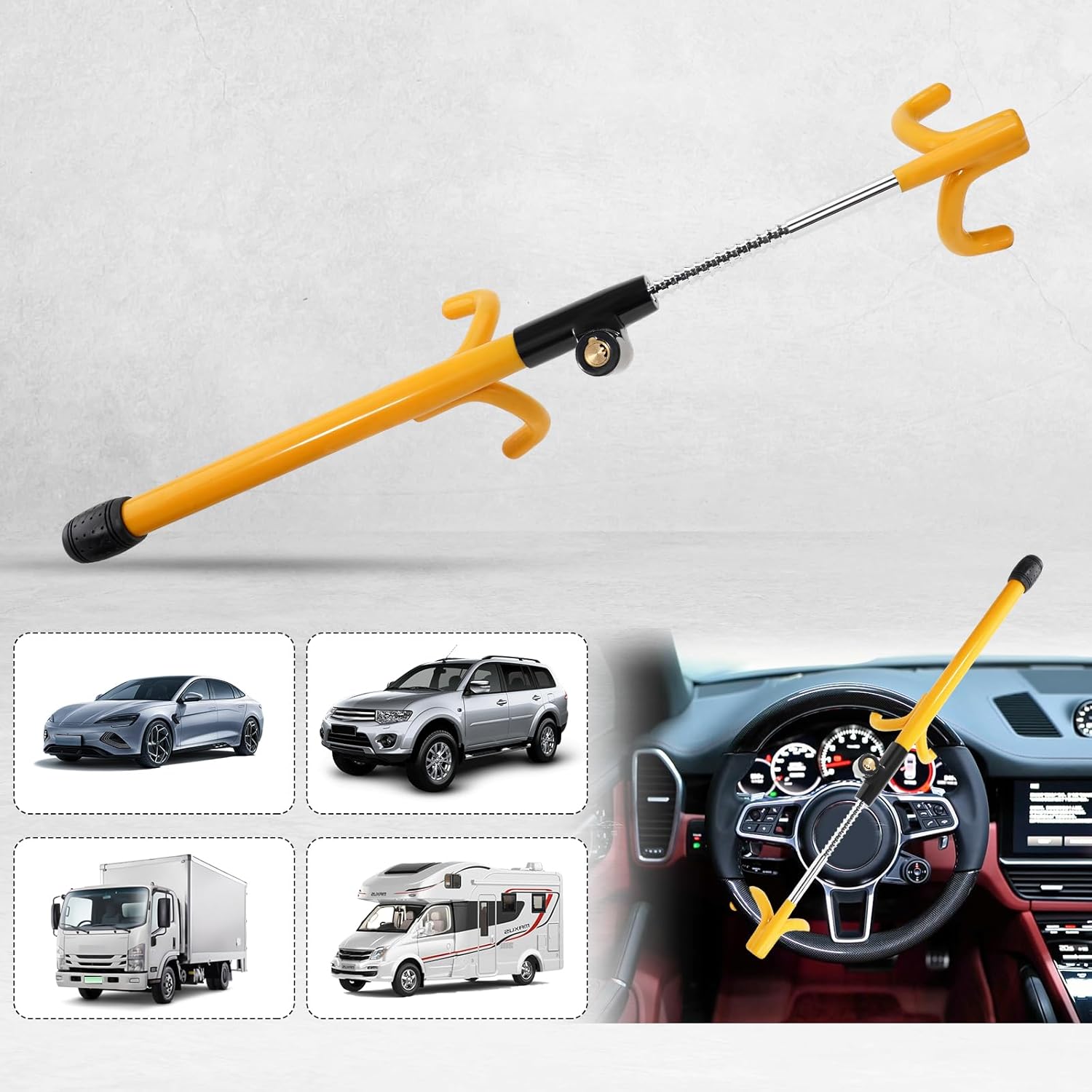 Steering Wheel Lock Anti-Theft Device – Heavy Duty Double Hook, Adjustable Clamp Fits 5”-15” Wheels, Universal Car Security Lock with 3 Unique Keys – Yellow