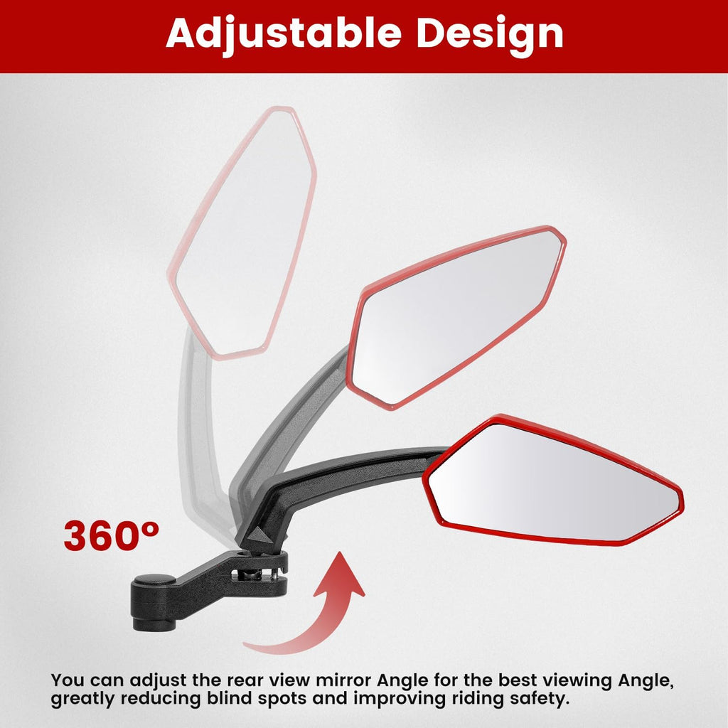 Handlebar Bike Mirror, HD Convex Glass Rear View Mirror with Shatterproof Film, 360° Adjustable Bicycle Mirror for MTB & E-Bike, Fits 21-26mm Handlebars, Left Side Only(Red)