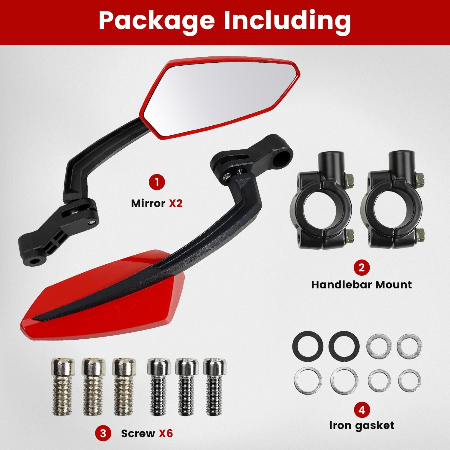 Handlebar Bike Mirror, HD Convex Glass Rear View Mirror with Shatterproof Film, 360° Adjustable Bicycle Mirror for MTB & E-Bike, Fits 21-26mm Handlebars, Left Side Only(Red)