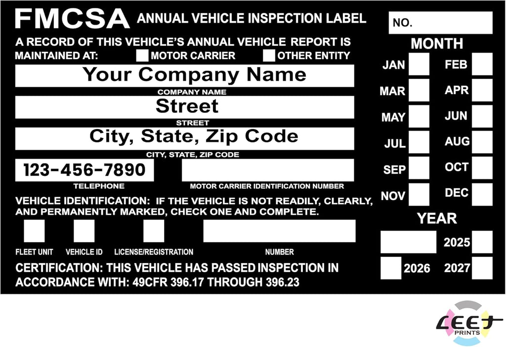 FMCSA Vehicle Annual DOT Inspection Stickers, Truck Decal Personalized with Company Info, Permanent UV Protected Self Adhesive, 6" x 3.5"