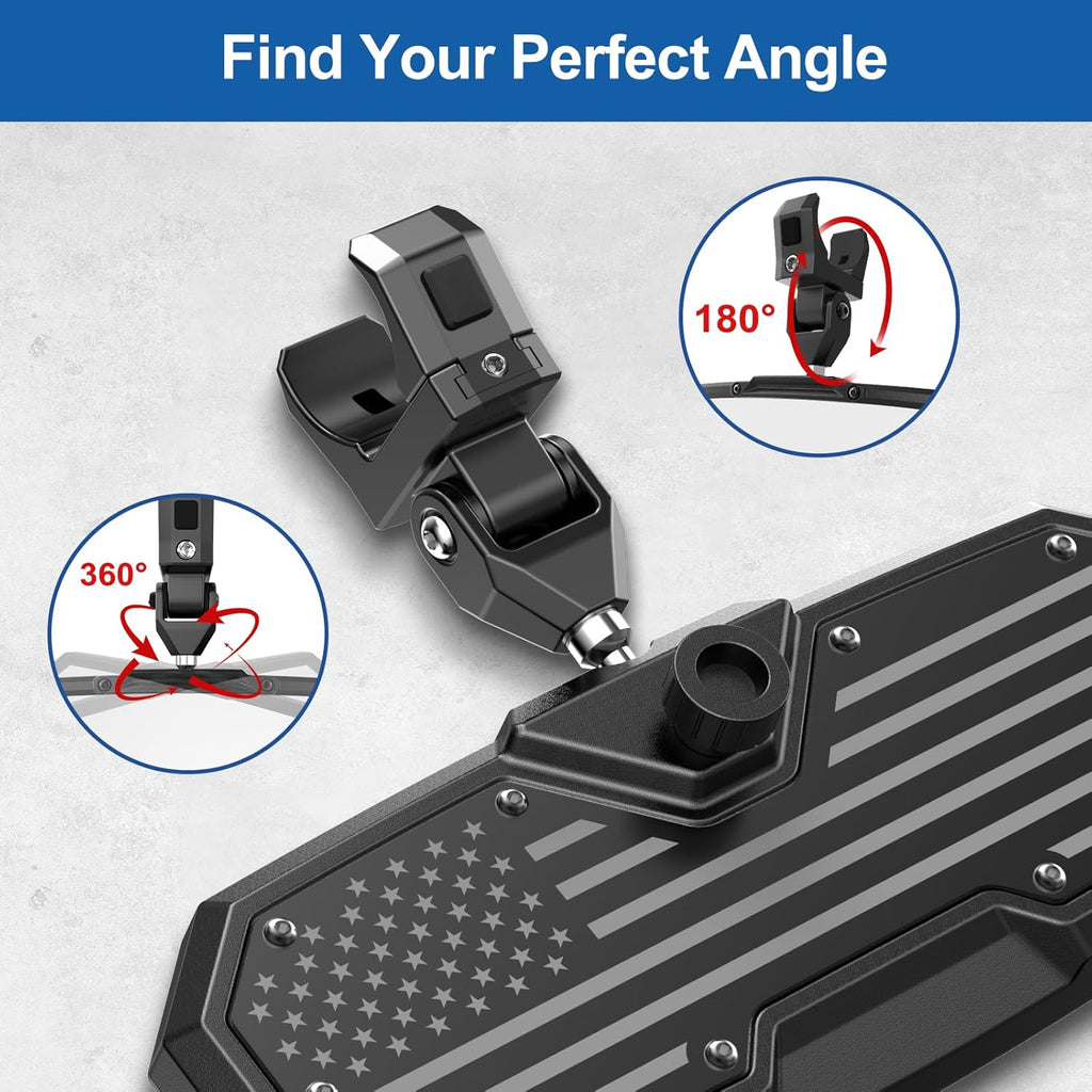 2025 New Flag UTV Rear View Mirror, 360° Adjustable, Available for1.5-2.0” Round Roll Cages, Compatible with Polaris RZR, Pioneer, Kawasaki Mule, Can Am X3, High Definition Anti-Vibration Design