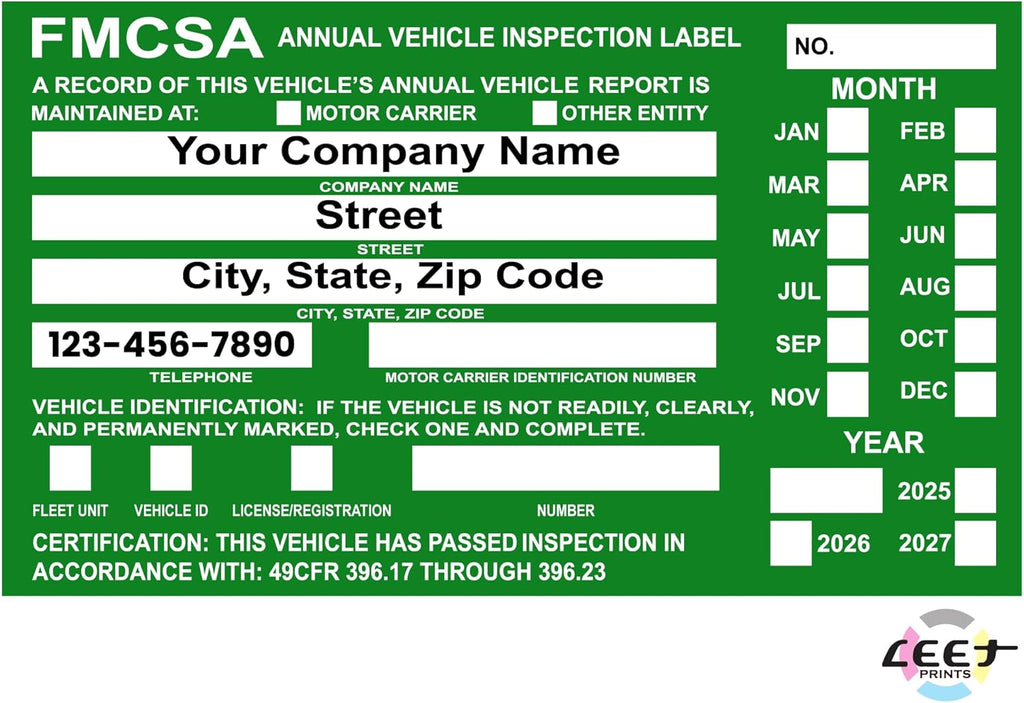 FMCSA Vehicle Annual DOT Inspection Stickers, Truck Decal Personalized with Company Info, Permanent UV Protected Self Adhesive, 6" x 3.5"