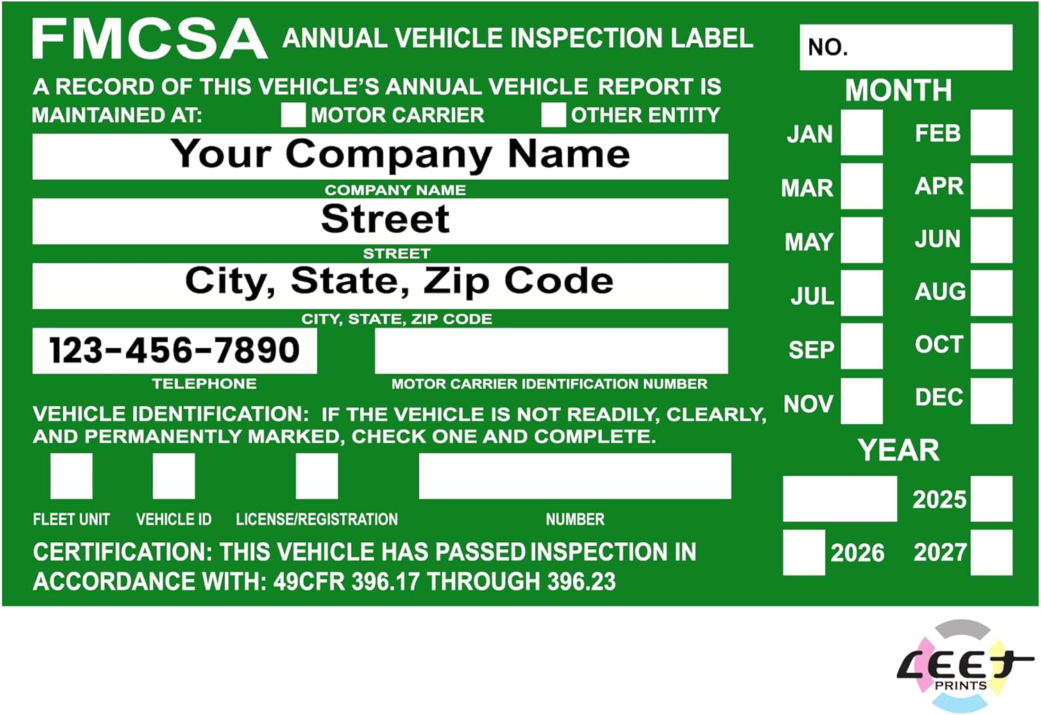 FMCSA Vehicle Annual DOT Inspection Stickers, Truck Decal Personalized with Company Info, Permanent UV Protected Self Adhesive, 6" x 3.5"