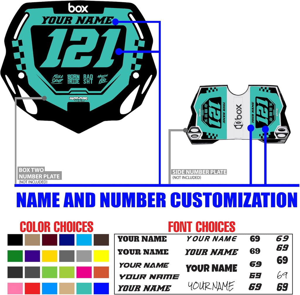 Custom BMX Box Two Number Plate Decals - Personalize Your Racing Graphics with Your Name & Number, Multicolored Outstanding Designs, Fits Box Two Plates, Junior and Senior Sizes.