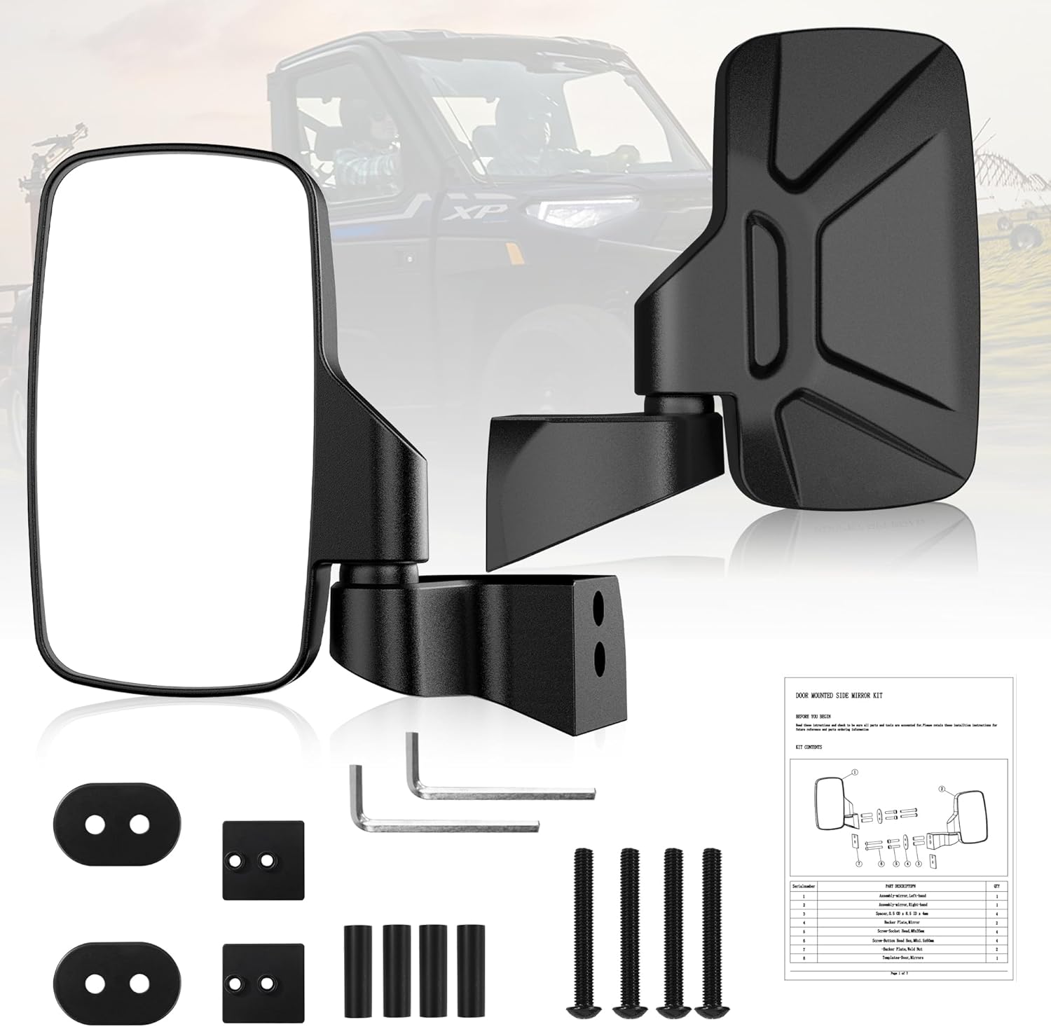 Ranger Door Mounted Side Mirrors for any Polaris Ranger, TXZSXS Ranger Side Mirrors Compatible with 2018-2023 Polaris Ranger CREW SP XP 570 1000 and 2019-2024 Commercial Pro XD 2000G 4000D (Full Door)
