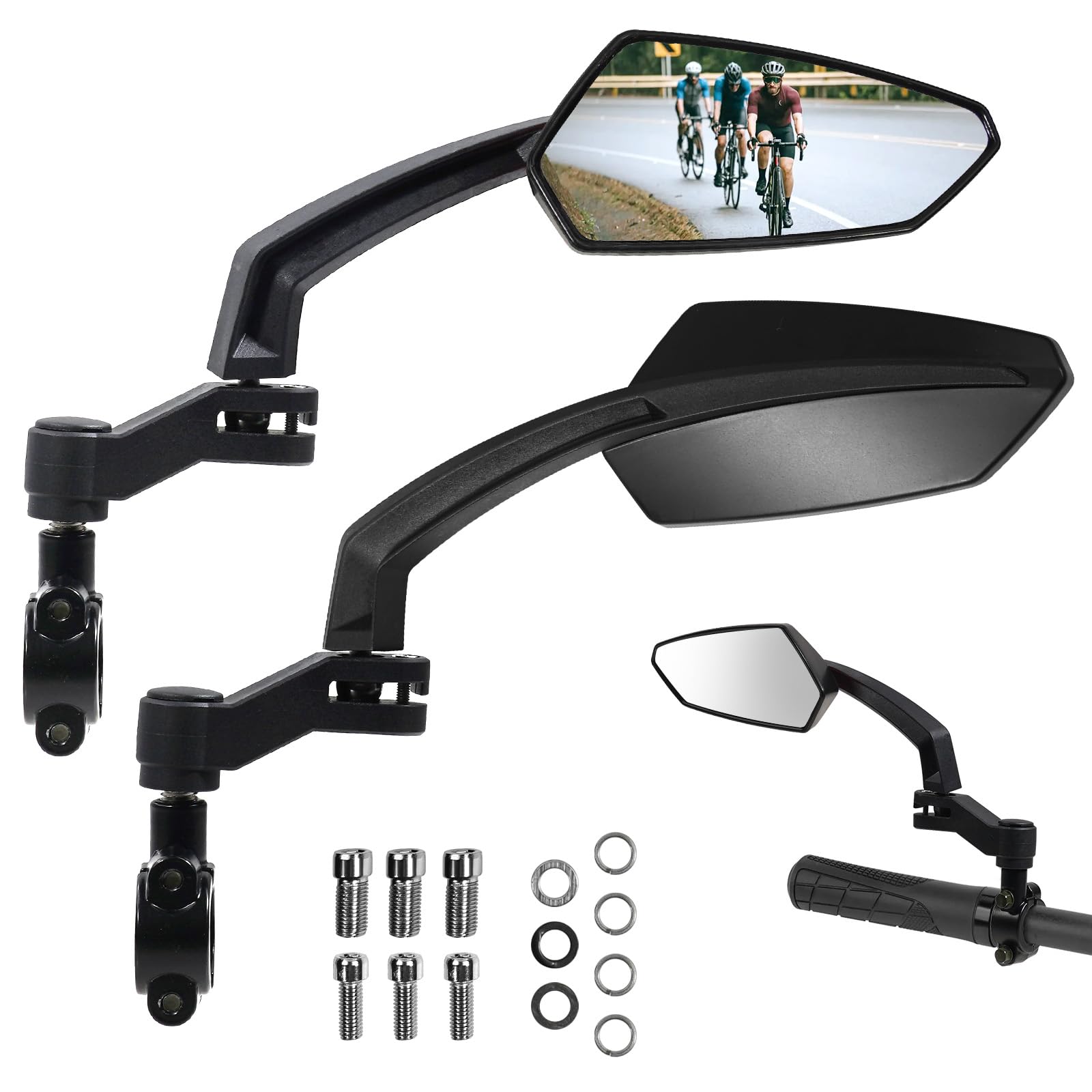 Handlebar Bike Mirror, HD Convex Glass Rear View Mirror with Shatterproof Film, 360° Adjustable Bicycle Mirror for MTB & E-Bike, Fits 21-26mm Handlebars, Left Side Only(Chequer)