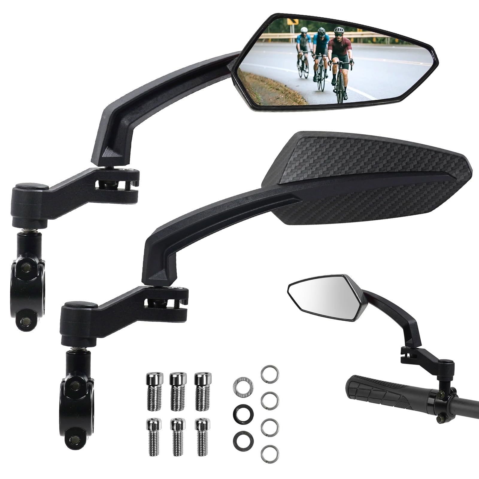 Handlebar Bike Mirror, HD Convex Glass Rear View Mirror with Shatterproof Film, 360° Adjustable Bicycle Mirror for MTB & E-Bike, Fits 21-26mm Handlebars, Left Side Only(Chequer)