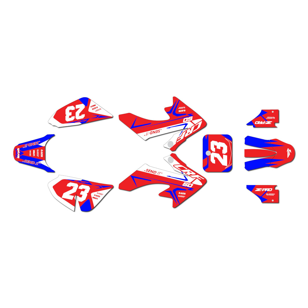 Graphics Kit for Honda CRF50 (All Years) EVADER Series Blue-red 09 Mil - Dirt pit bike motorcycle stickers, dirtbike racing automotive decal motocross accessories no-plastics