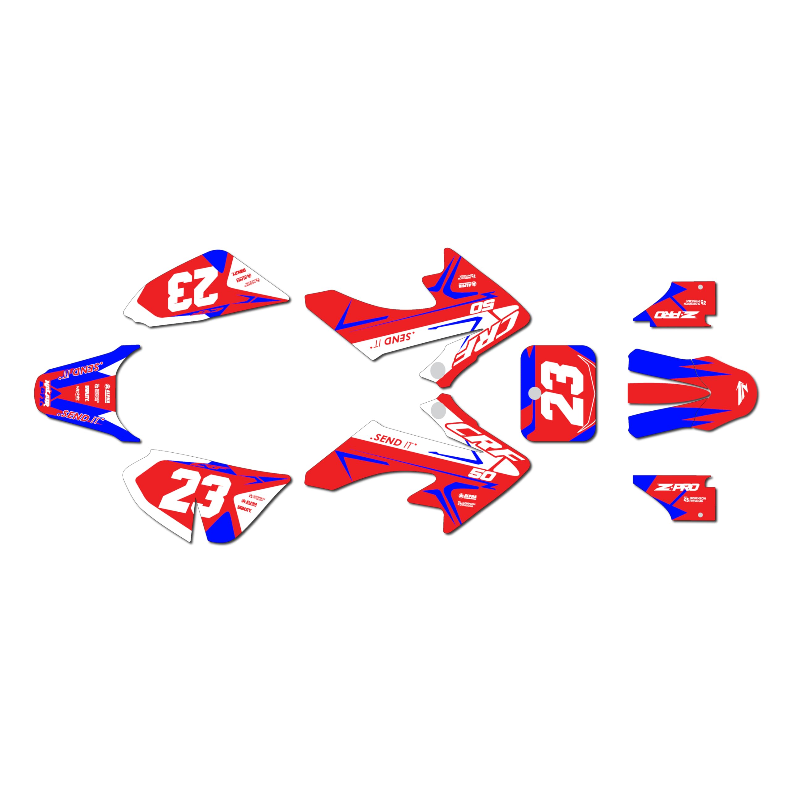 Graphics Kit for Honda CRF50 (All Years) EVADER Series Blue-red 09 Mil - Dirt pit bike motorcycle stickers, dirtbike racing automotive decal motocross accessories no-plastics