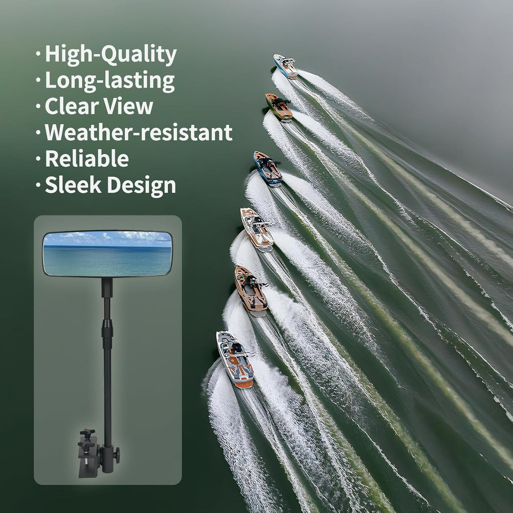 Marine Boat Rearview Mirror, 360° Adjustable Boat Mirror with Telescoping Pole, Heavy Duty Clamp, Compatible with Ski Boats, Water Sports, and Marine Use, Extra Large 3.7" x 11" Wide Angle