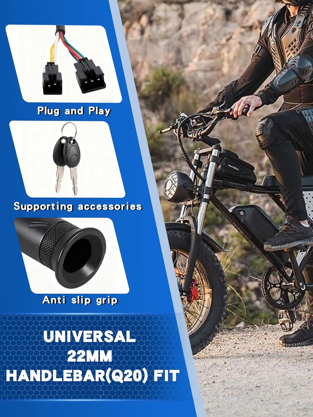 Ebike Full Twist Throttle Grip with 2 Keys Compatible Fit for Ridstar Q20/Q20 Pro Lite E-Bike, Electric Bike Throttle Smooth Acceleration Control Easy Installation