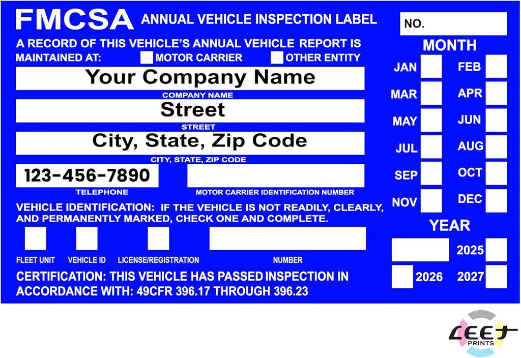 FMCSA Vehicle Annual DOT Inspection Stickers, Truck Decal Personalized with Company Info, Permanent UV Protected Self Adhesive, 6" x 3.5"